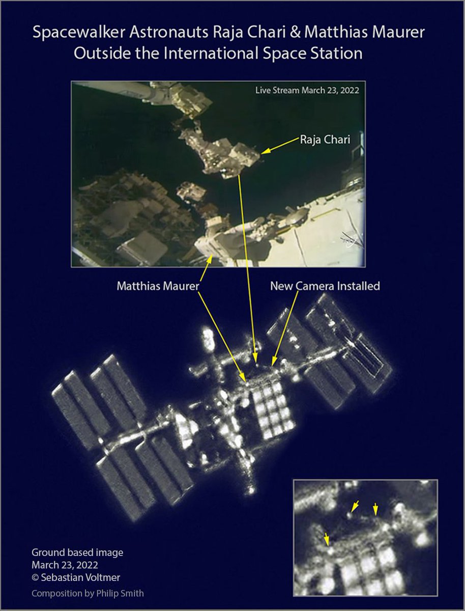 Update: 2 Spacewalkers Imaged From The Ground During the #spacewalk of the two astronauts @Astro_Raja and @astro_matthias the International Space Station appeared shortly after sunset in the bright evening sky over Germany. This image of the #ISS was taken on March 23, 2022.