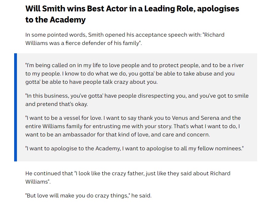 anth0888's tweet photo. Will Smith justifying his physical contact by saying "love will make you do crazy things". 🧐🤢

Are we really now justifying an on screen assault? Physical contact as a response is unacceptable - regardless of the words said. 

#Oscar #Oscars2022 #Oscars2022 #willsmith https://t.co/AUXMppPYpO