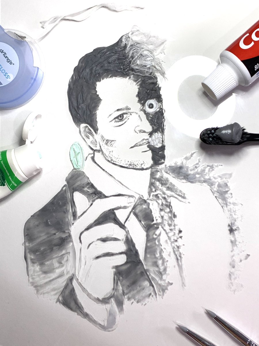 reafre's tweet photo. I want to draw him since I saw the news, but I never think I’ll draw him with Dental toothpaste and Dental floss. Thanks to @GISH @mishacollins I’m sure this Harvey Dent is absolutely minty fresh. #GISH #BookBash #item28 #TeamGalliewags! https://t.co/keo64m0X0a