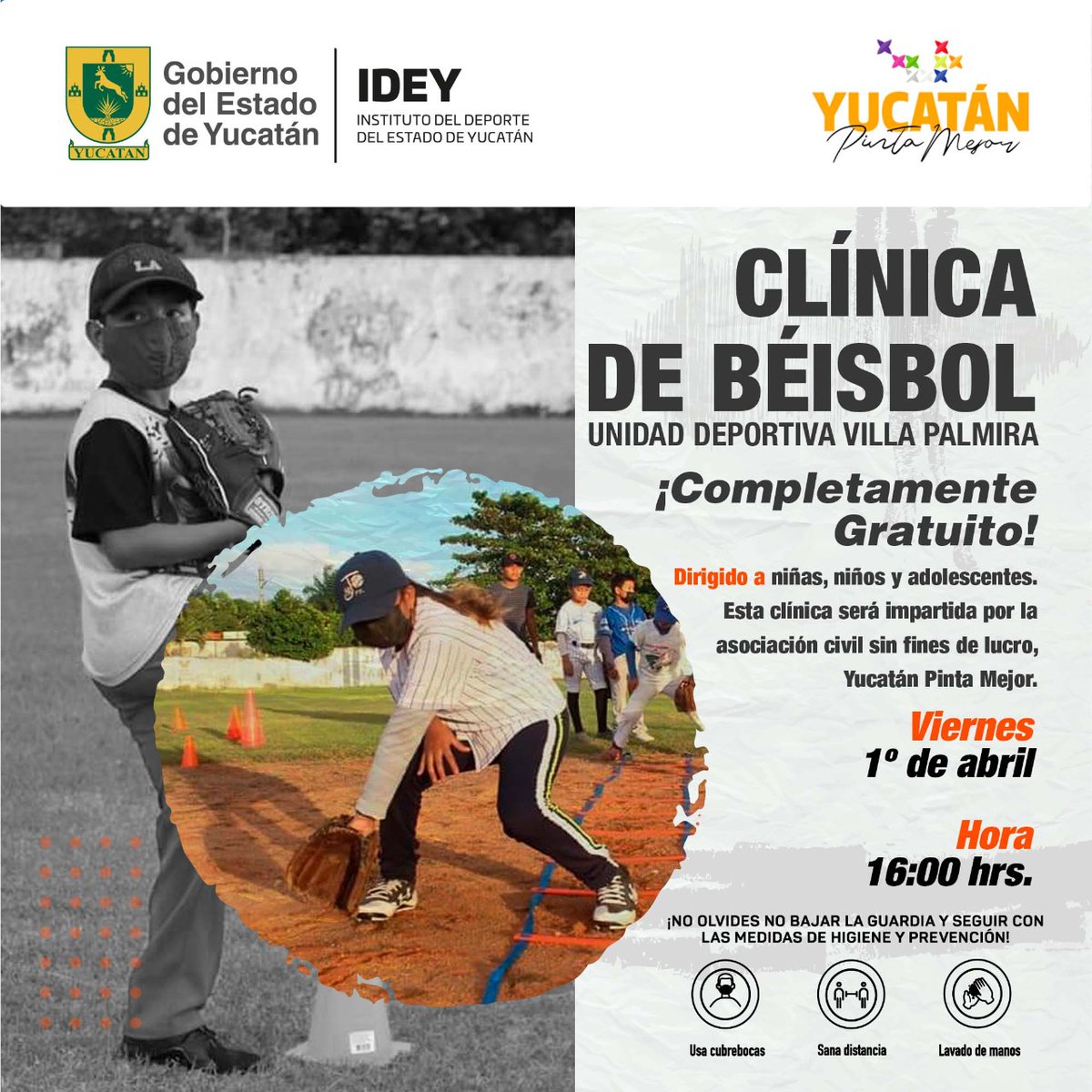 IDEY_oficial's tweet photo. 👀⚾ ¡Atención jóvenes beisbolistas!

👉🏻Les invitamos a la #ClínicadeBeisbol que realizaremos el próximo 1° de abril en la Unidad Deportiva #VillaPalmira. 

🆓 ¡Será completamente gratuito! Recuerda cumplir todas las medidas de higiene y sana distancia. https://t.co/rqozx4705e