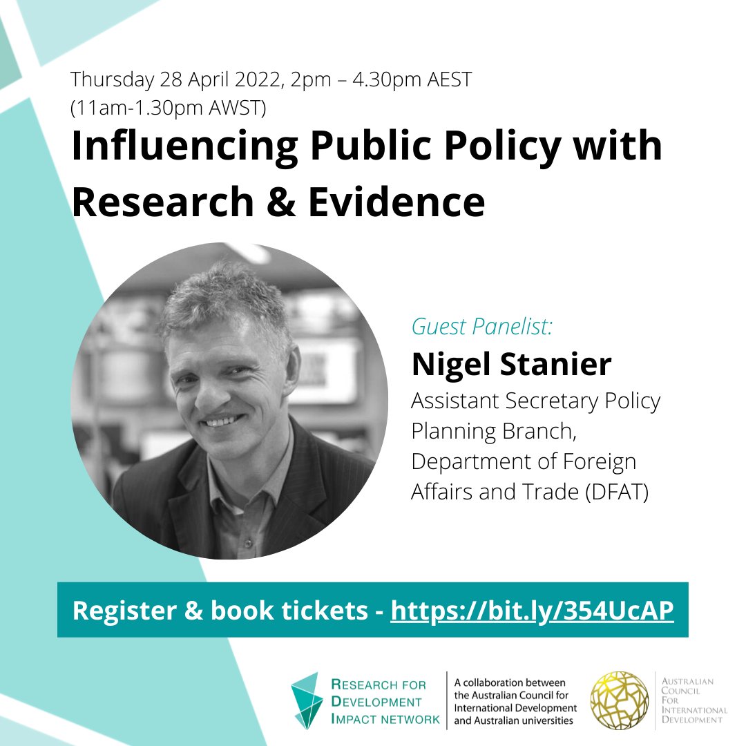 Introducing one of guest panelists, Nigel Stanier, Assistant Secretary Policy Planning Branch, Department of Foreign Affairs and Trade (DFAT)! 

Influencing Public Policy w/ Research &amp; Evidence. Thurs 28 Apr 2022, 2pm – 4.30pm AEST. bit.ly/354UcAP