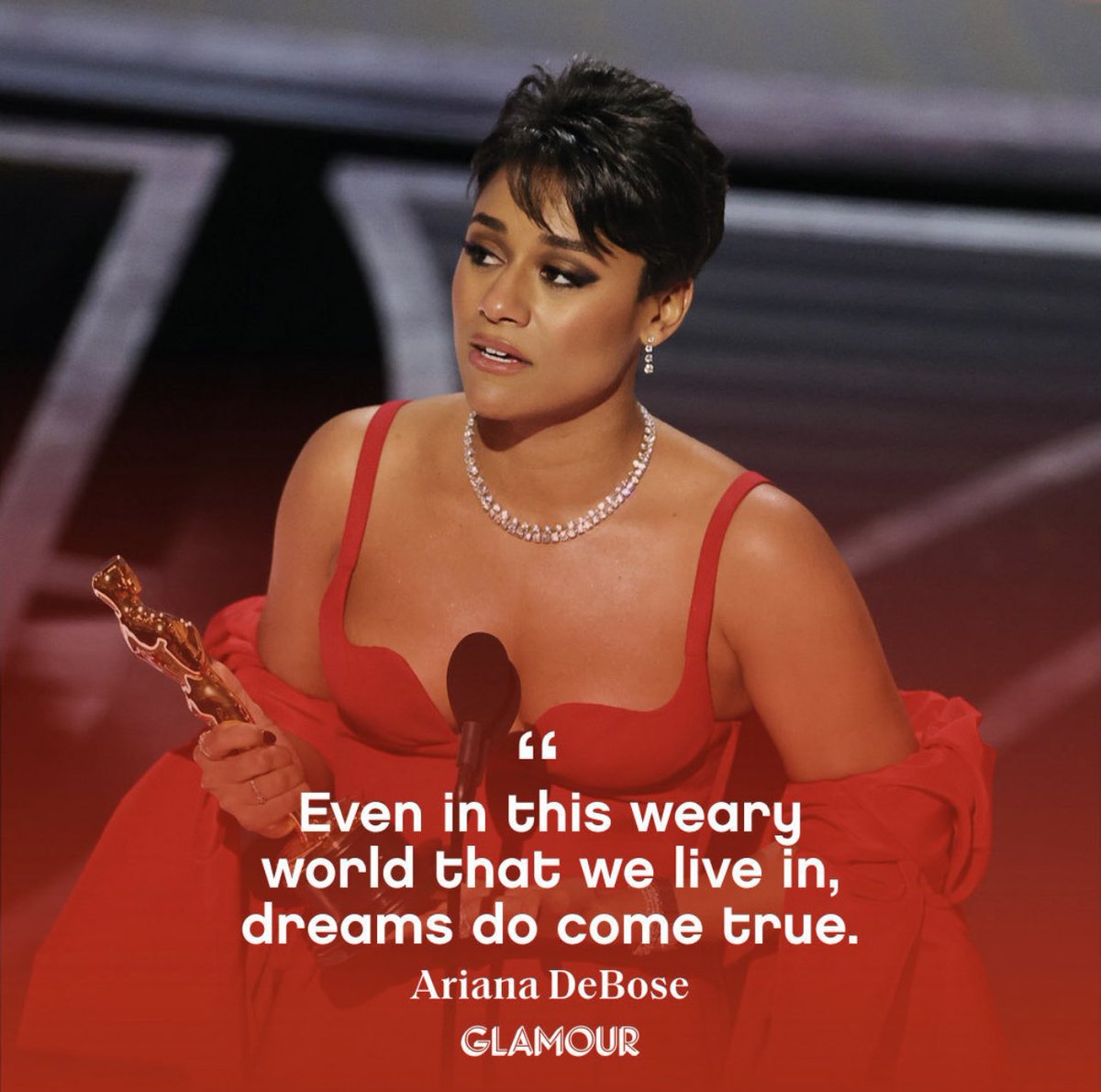 glamourmag's tweet photo. #ArianaDeBose just made history as the first Afro-Latina, openly queer actor of color to take home an Academy Award ❤️ https://t.co/4dH2aKen6D