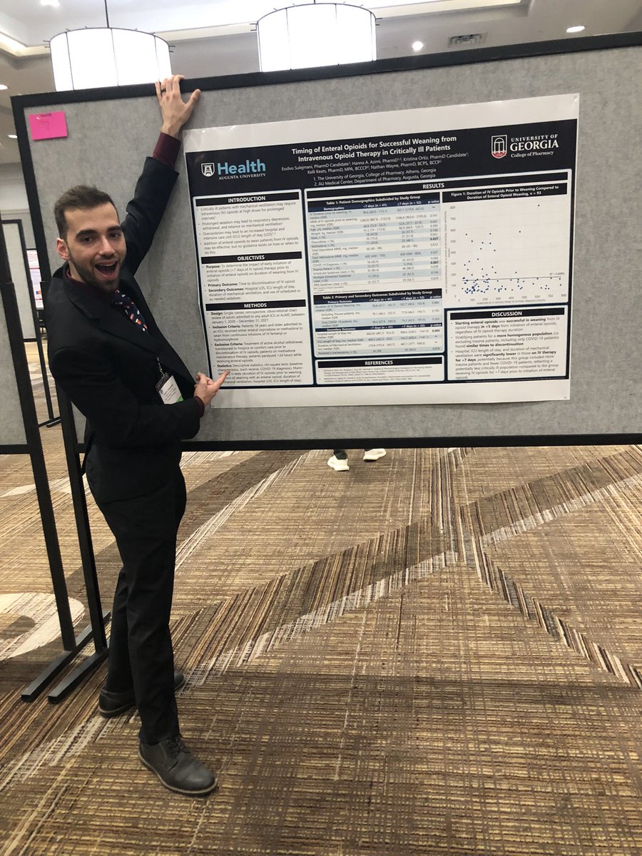 Had a great time as a poster mate with <a href="/kristinac271/">Kristina Ortiz</a> and finalist at the <a href="/GSHPofficial/">GSHP</a> spring meeting! Big thanks to <a href="/tweetlessnathan/">Nathan Wayne</a> <a href="/kkeats_/">Kelli Henry, PharmD, MPA, BCCCP</a> and <a href="/AtoZ_Pharmacy/">Hanna Azimi</a> for their amazing help and guidance! Who could have guessed that opioid weaning could be so much fun?