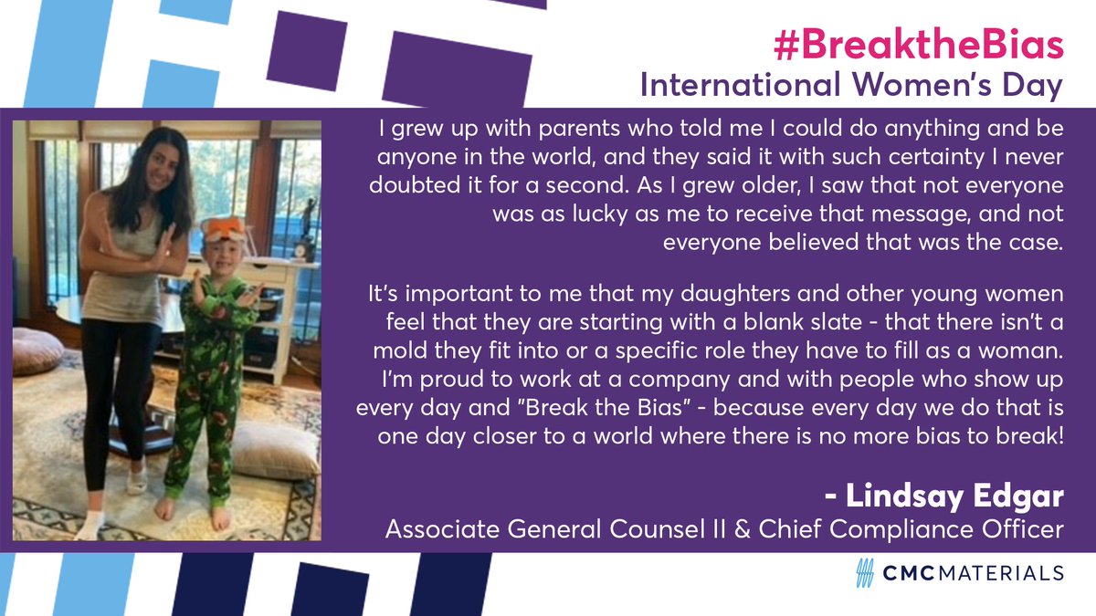 cmc_materials's tweet image. Lindsay Edgar, CMC Assoc. General Counsel II &amp;amp; Chief Compliance Officer based in Aurora, IL, asks us to #BreaktheBias and teach younger generations that there are no limitations on their aspirations. bit.ly/3wFqI8b
#iamcmc #GoFarTogether #IWD #WomeninSTEM