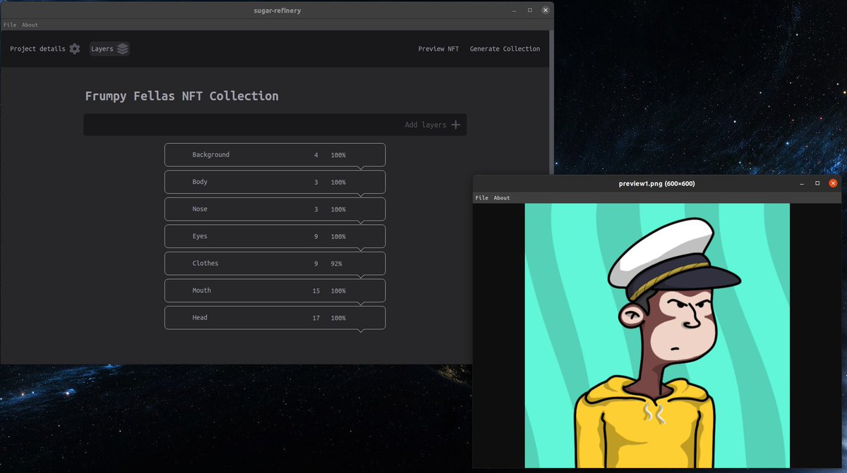 frumpy_fella's tweet image. SugarRefinery is close to Alpha release. An open-source NFT Collection generator, capable of generating thousands of permutations from a set of a few base images. Stay tuned! #NFTCommunity #NFTartist
