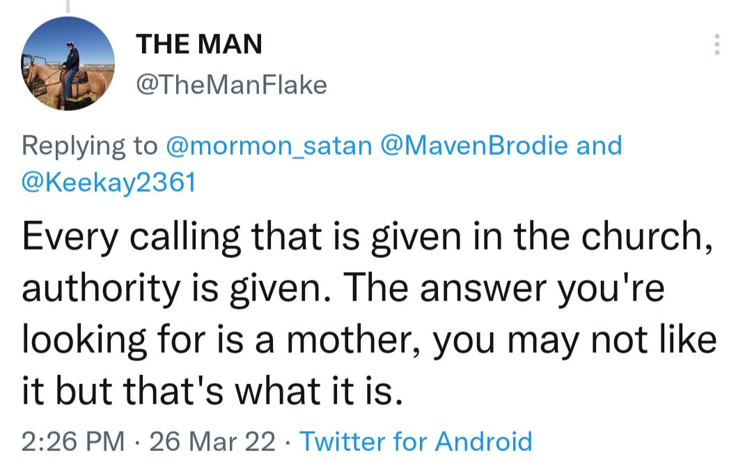 MavenBrodie's tweet photo. More idiotic #cultprogramming responses proving cult members shut off their thinking in favor of nonsensical arguments justifying sexism in @Ch_JesusChrist: Step 1: turn off that ๐ง Step 2: insist that motherhood is an equivalent to power and authority no matter how nonsensical. https://t.co/OirrdghPrk