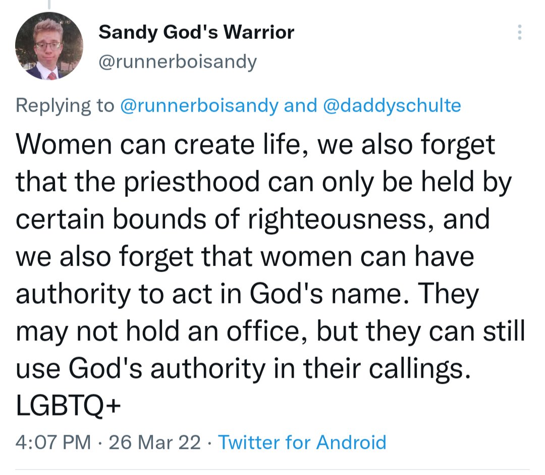 MavenBrodie's tweet photo. More idiotic #cultprogramming responses proving cult members shut off their thinking in favor of nonsensical arguments justifying sexism in @Ch_JesusChrist: Step 1: turn off that ๐ง Step 2: insist that motherhood is an equivalent to power and authority no matter how nonsensical. https://t.co/OirrdghPrk