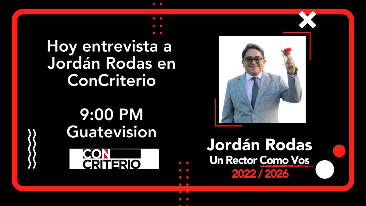 JordanRodas's tweet photo. Hoy hablaré sobre las Elecciones #RectorUSAC en el Programa @concriteriogt que se transmite a las 21hrs por @Guatevision_tv 
Fecha: 27 marzo
Hora: 21hrs
🔴 https://t.co/0N6o2pVcfu
#VamosPorUnaUSACdigna
#JordanRectorUSAC #VotaSOSUSAC #VotoDigno #RectorUSAC #JordanUnRectorComoVos https://t.co/geEXB8klUi