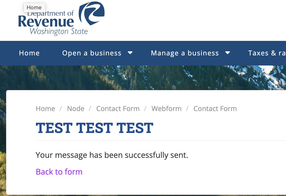 This TEST TEST TEST confirmation page doesn't inspire confidence that I'll get a response for help from <a href="/WAStateDOR/">WA Dept. of Revenue</a>