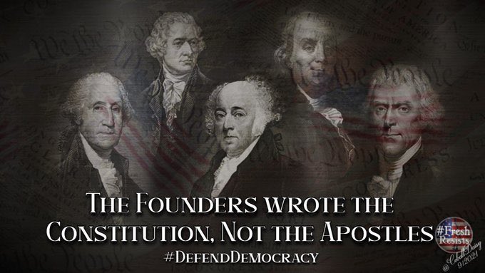 The Founders wrote the Constitution; not the Apostles. They added the Bill of Rights; not the Ten Commandments. Their intent was Freedom of Religion. It was not Control by Religion. They created a Democracy; not a Theocracy. Christianity is not a political party. #FreshResists