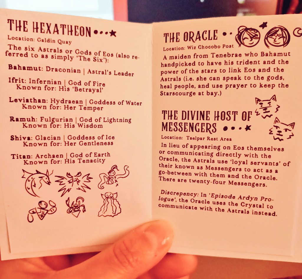 I am excited to say I made a mini abridged #FFXV Cosmogony guide book for this event! It's full of easy descriptions, book locations, and all the fun lore discrepancies (plus my doodles!) L/ i/nk to my zine will be below! 🌟🌙