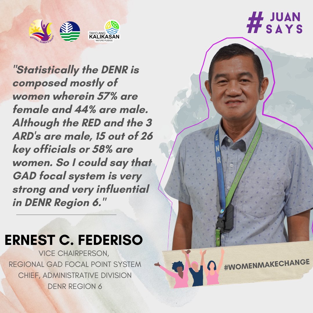 DenrVisayas's tweet photo. #JuanSays "Statistically the DENR is composed mostly of women wherein 57% are female and 44% are male. Although the RED and the 3 ARD's are male, 15 out of 26 key officials or 58% are women. So I could say that GAD focal system is very strong and very influential in DENR 6." https://t.co/BJKWufjzVs