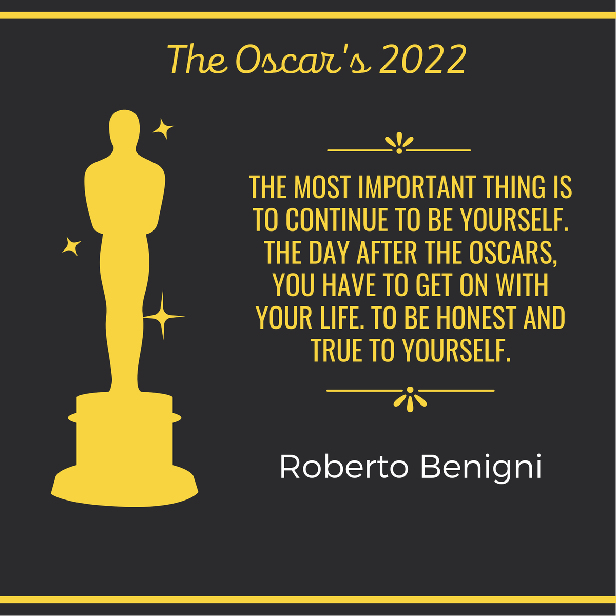 lvgarciag's tweet photo. #sundayquotes
"The most important thing is to continue to be yourself. The day after the Oscars, you have to get on with your life. To be honest and true to yourself."
- Roberto Benigni
#Oscars2022 #Oscars
#oscarquotes #motitud https://t.co/NfCPhofSRk