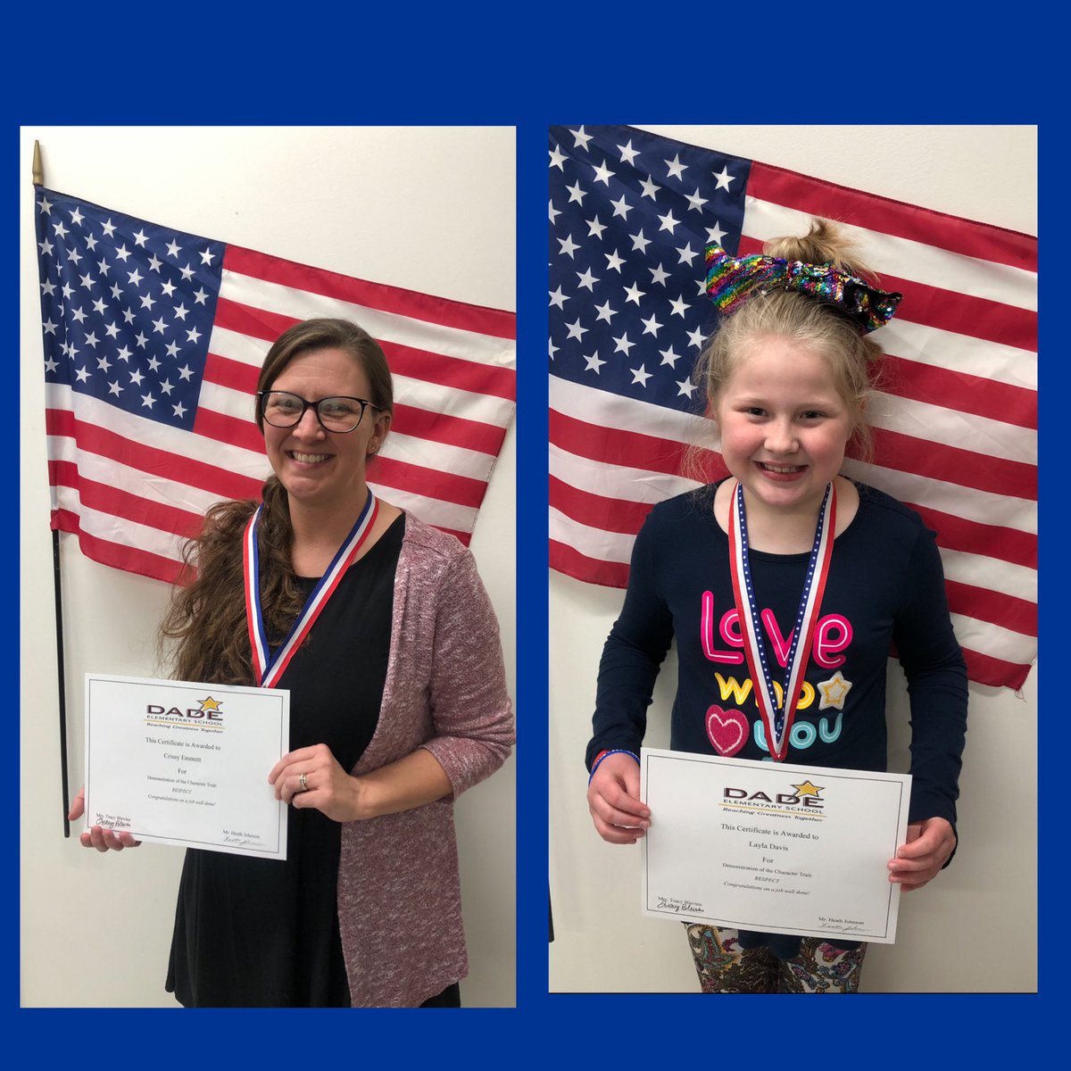 TinenaC's tweet photo. Congratulations to Mrs. Crissy Emmett and Layla Davis who received the Character Education Award for demonstrating the character trait RESPECT @DadeElementary!
🇺🇸🏅🇺🇸
#ReachingGreatnessTogether
@dade_schools
@Josh_B_Ingle https://t.co/22JI56uOrD