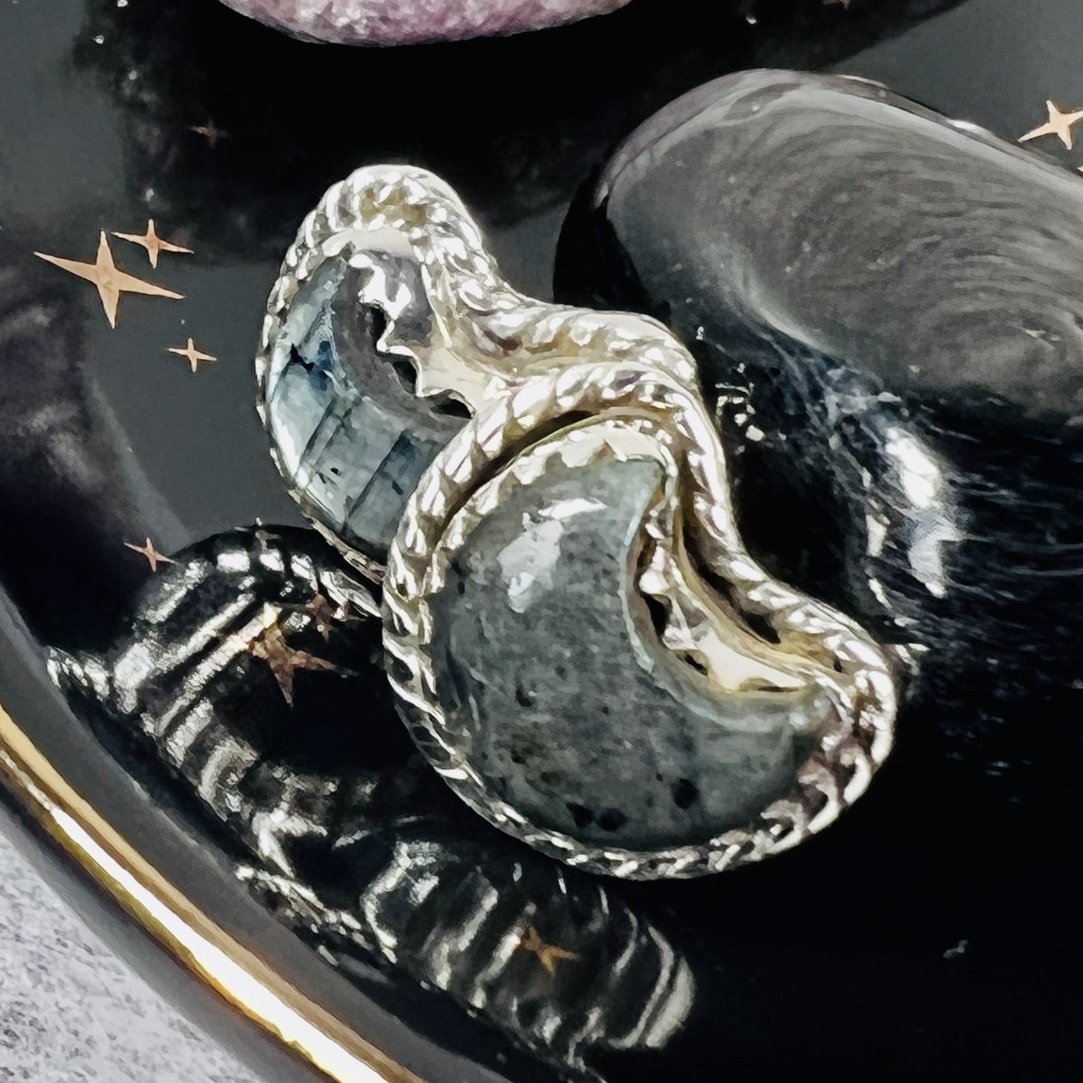 BlackMoonMerc's tweet photo. We have one pair of larvikite (superior to #labradorite imho) crescent moon stud earrings left, and they would make a great Mother’s Day gift. https://t.co/Hedv6OmZnN https://t.co/c8O54pACqv