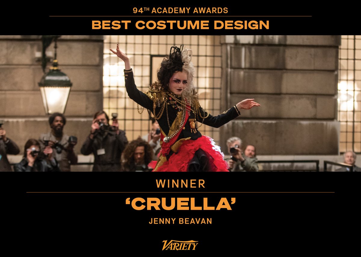 Jenny Beavan wins for best costume design at the #Oscars for #Cruella. bit.ly/36zeOSD