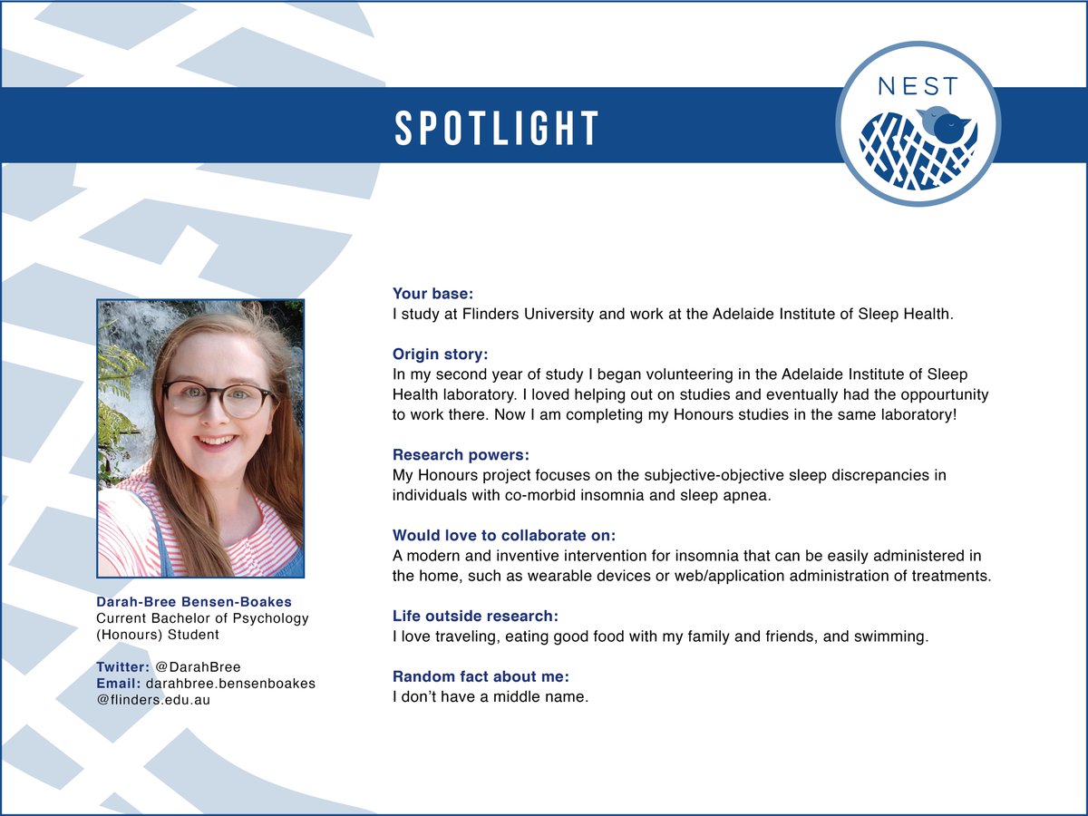 ASA NEST (@asa_nest) on Twitter photo We have <a href="/DarahBree/">Darah-Bree</a> who is a honours student from <a href="/AISHsleeplab/">Adelaide Institute for Sleep Health</a> for this week's SPOTLIGHT. Her project examines subjective-objective sleep discrepancies in co-morbid insomnia and sleep apnoea. We have <a href="/DarahBree/">Darah-Bree</a> who is a honours student from <a href="/AISHsleeplab/">Adelaide Institute for Sleep Health</a> for this week's SPOTLIGHT. Her project examines subjective-objective sleep discrepancies in co-morbid insomnia and sleep apnoea.
