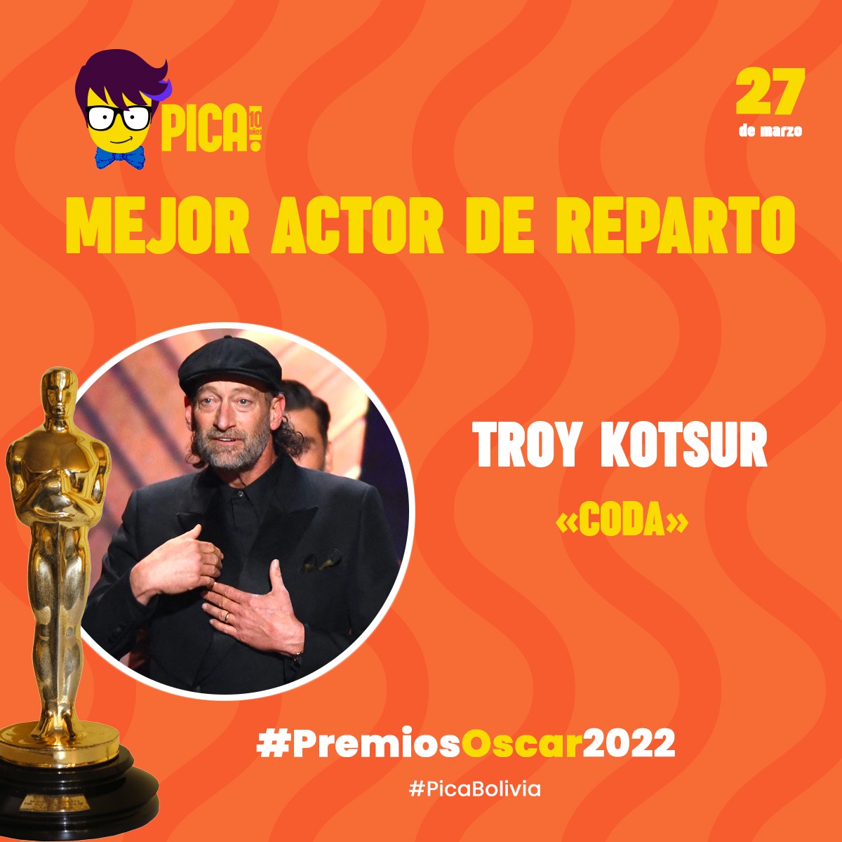 picabolivia's tweet photo. El actor sordo Troy Kotsur gana el Oscar al mejor actor de reparto en la película "CODA", de Siân Heder.
#Oscars2022 
#PicaBolivia #Pica10Aniversario https://t.co/MQd92Yvemc