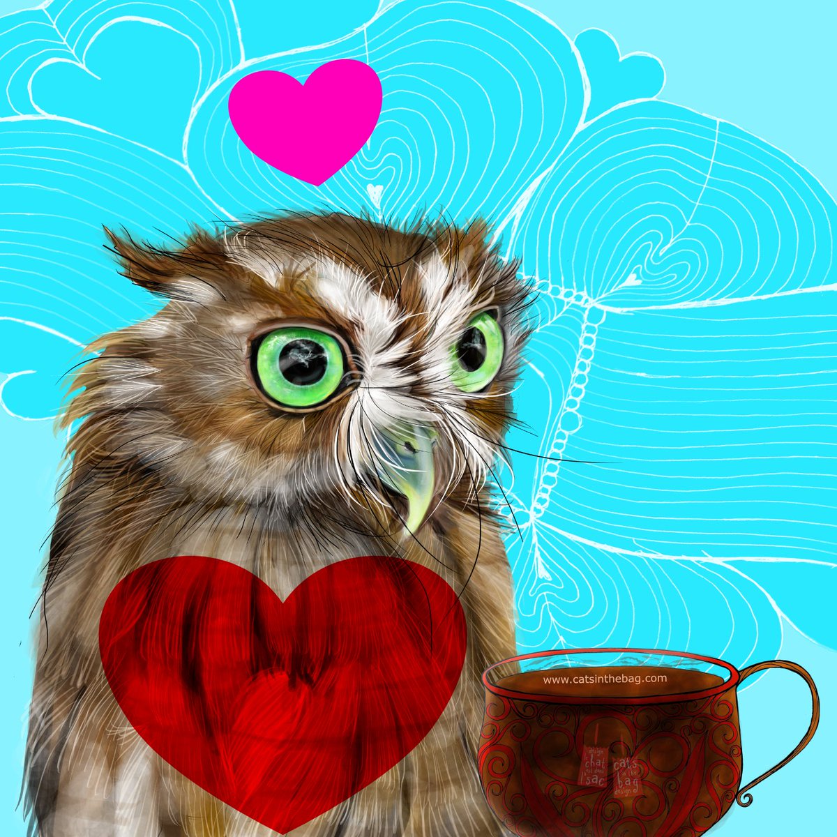 catsinthebagpur's tweet photo. What my #coffee says to me March 27 -  whatever comes from your heart let that expand with love into all you do. #owls #easternscreechowl #love #ideas #fromtheheart #expand #powertobecome #bethelove #mentalhealth #storyteller #illustrator #LovingIdeas https://t.co/KlnZtdVUpb