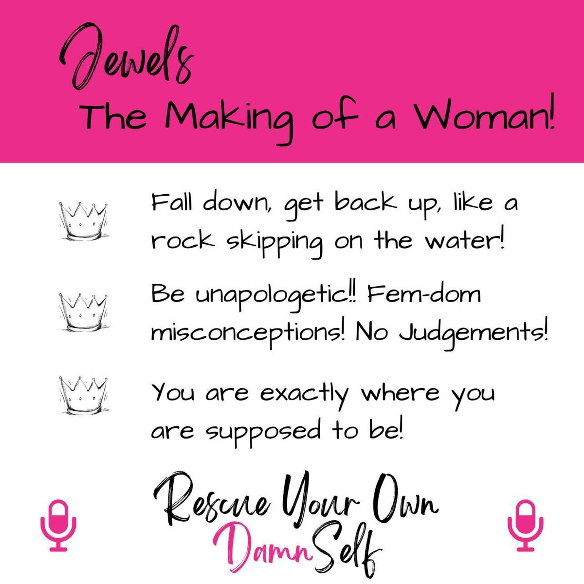 With a name like, "Rescue Your Own Damn Self" there's no denying...this is going to be good. Listen as Lori Mork and I dive in and with an unapologetic tone, discuss some of the things women do to fumble us up.

open.spotify.com/episode/59o0OK…