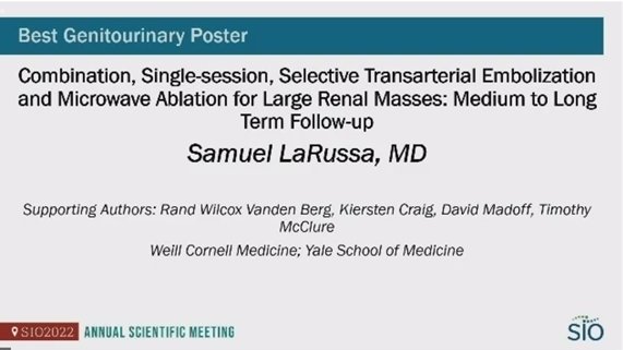 Congratulations Sam LaRussa on winning best GU poster at #SIO2022! Technique of same day transarterial embolization followed by microwave ablation has proven very effective! Looking forward to seeing results in print! #irad @SIO_Central @Yale_IR @WeillCornell_IR @TimMcClureMD