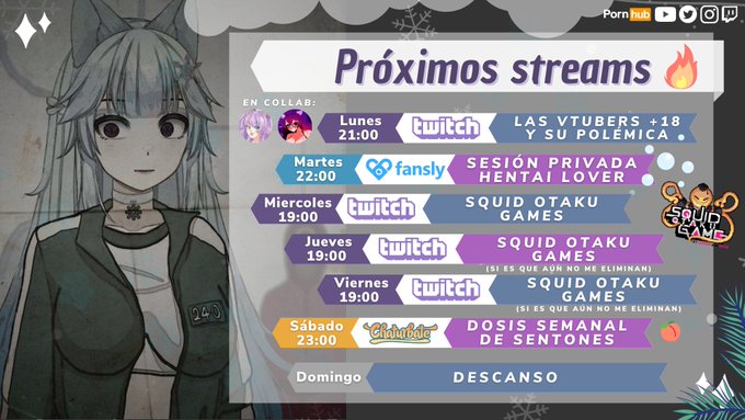 ❄️ &iexcl;Calendario Semanal de Streams! ❄️ Todos los horarios son en (GMT-3) 🇨🇱  🔞 Charla: Vtubers +18 y su<a href="/tag/asmr"class="tags"><span>#asmr</span></a><a href="/tag/lewd"class="tags"><span>#lewd</span></a><a href="/tag/lewdrp"class="tags"><span>#lewdrp</span></a><a href="/tag/vtuber"class="tags"><span>#vtuber</span></a><a href="/tag/vtuberes"class="tags"><span>#vtuberes</span></a>