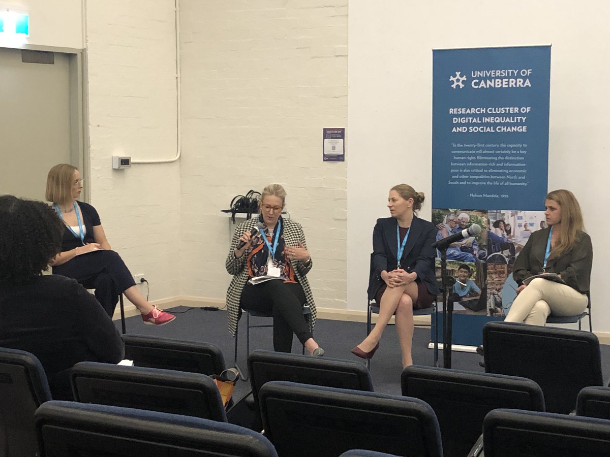 TimUnwin's tweet photo. Impressive industry panel (ACTCOSS, Tech Council, ACS) at @rc_disc symposium @unicanberra focusing explicitly on ways of reducing digital inequalities, especially increasing gender equality in the tech sector https://t.co/G3CArE2Ip0