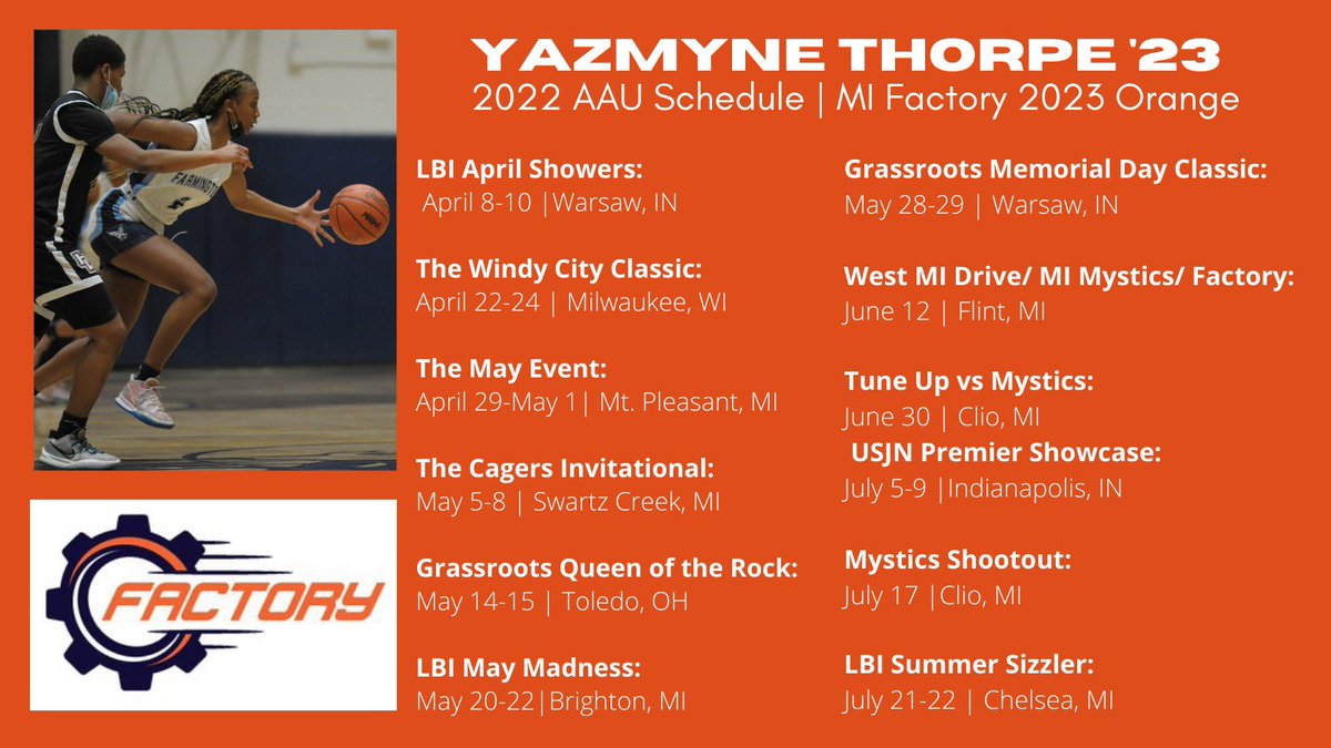 Yaz (@yazmyne_thorpe) on Twitter photo It’s AAU szn!! Excited to be playing with <a href="/factorybasketb1/">MI Factory Basketball</a> this year. Here’s the schedule: It’s AAU szn!! Excited to be playing with <a href="/factorybasketb1/">MI Factory Basketball</a> this year. Here’s the schedule: