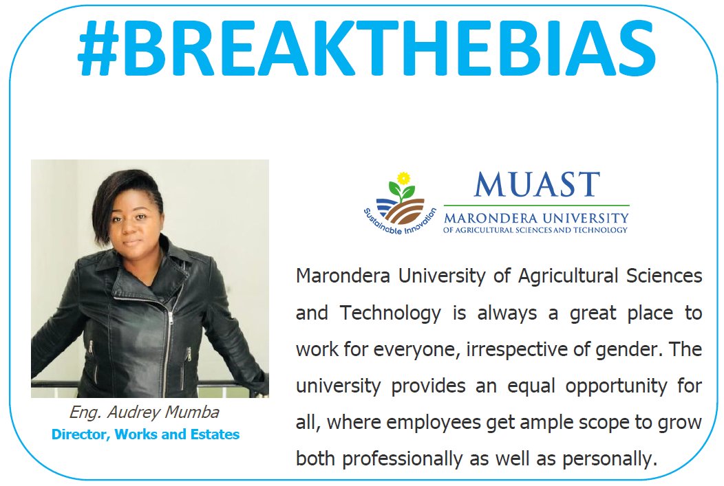 anychare's tweet photo. Today, as we continue to #BreakTheBias, we celebrate one of the illustrious leaders at MUAST, the Director of Works and Estates, Engineer Audrey Mumba. Your work and leadership is inspiring to many. https://t.co/8z6SdHpfAZ