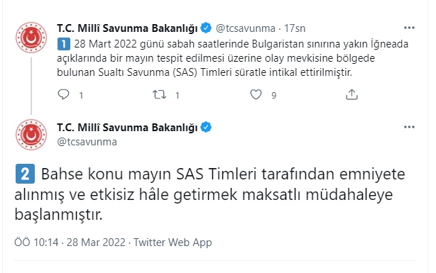 lumworld's tweet photo. Turkish Ministry of National Defense: Upon detecting a mine off the Igneada coast, close to the Bulgarian border, the intervention was started by the SAS teams, who were transferred to the scene. https://t.co/i5sfXwHy6E via @eha_medya #Balkans https://t.co/RTmd01MKzi