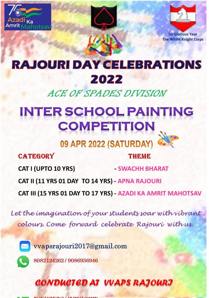 prodefencejammu's tweet photo. #RajouriDay2022
To celebrate spirit of Rajouri, let us all come forward & paint our hearts out. #AceofSpades Division brings to you a painting competition at VVAPS on 09 Apr
#AzadiKaAmritMahtsav
#50yearsof @Whiteknight_IA
@SpokespersonMoD
@OfficeOfLGJandK
@adgpi
@NorthernComd_IA https://t.co/NoUKz4wb7S