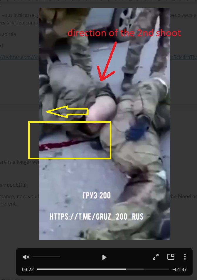 Now you have “blood” on the 2nd guy, but the location, shape & direction of the blood on the ground is incoherent.More curious, no hole can be seen in his pants…