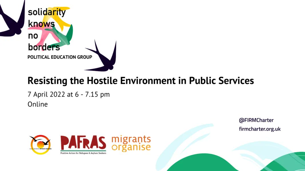 migrantsorg's tweet photo. How can public servants, such as social workers, resist the hostile environment policies they are asked to enforce? 

Join us on 7 April to hear from @PAFRAS_Leeds @SocialWorkersWB @FIRMCharter on how we can resist and push for better practice together: 

https://t.co/6SDtPS4jlv https://t.co/koz002YqUi