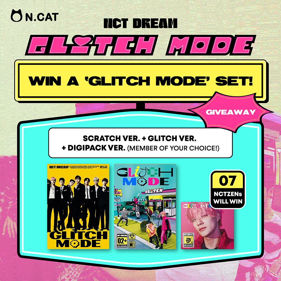 It's #7DREAMonGlitchMode D-DAY! 🕹💘 7 #NCTzens will EACH WIN a SET of #NCTDREAM's #GLITCHMODE ALBUMS: (1) Scratch Ver., (1) Glitch Ver., & (1) Digipack Ver. of their choice 🤩 To join: 👾 RT + LIKE this tweet 👾 Must be FOLLOWING us! Giveaway ends 04/01, 11:59 p.m. 💥