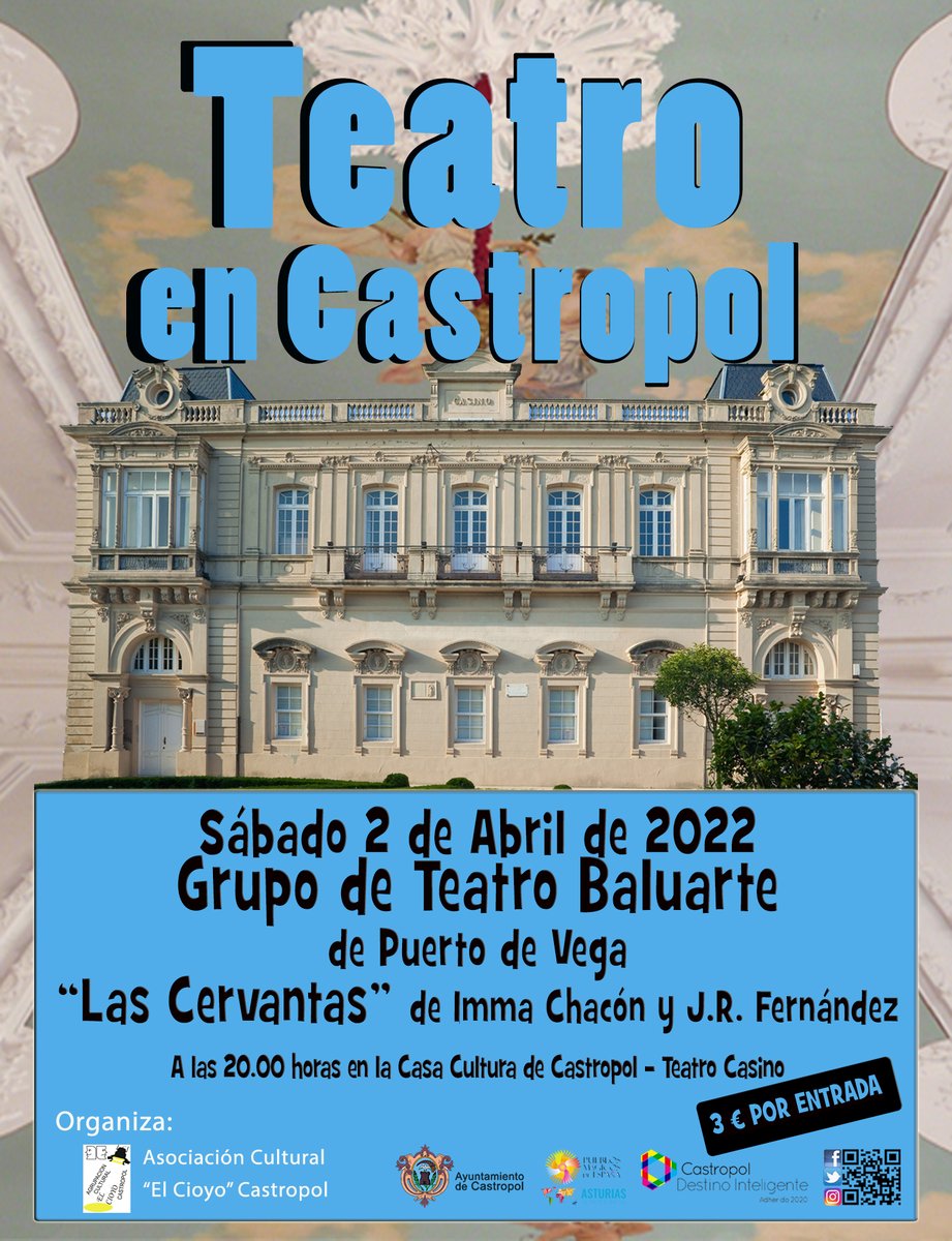 AytoCastropol's tweet photo. Teatro en Castropol
Este sábado 2 de Abril a las 20:00h en el Teatro Casino de Castropol, actuación del Grupo de Teatro Baluarte de Puerto de Vega.
Con la obra "Las Cervantas" de Imma Chacón y J.R. Fernández.
Entrada 3€
Organiza: Asociación Cultural "El Cioyo" de Castropol. https://t.co/HboddEeAup