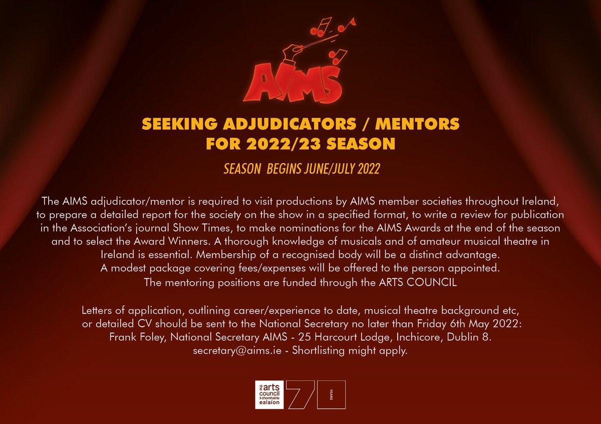aims_pro's tweet photo. AIMS are seeking Adjudicators/Mentors for 2022/2023 Season. Could this be the job for you? Letters of application, detailing experience and knowledge is needed to be sent to Nat Sec Frank Foley by Friday 6th of May. #anewopporunity #applyAIMS #musicalknowledge #writingediting x😊 https://t.co/qB3NR3eZZa
