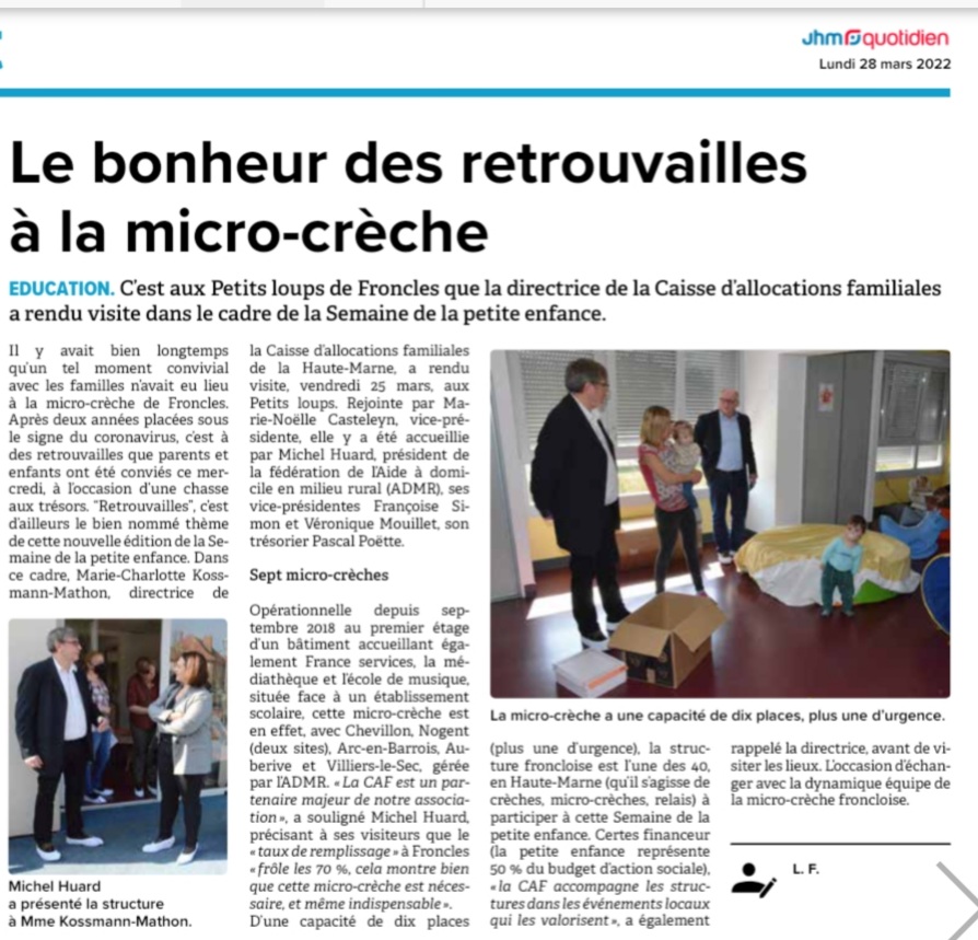 HauteMarne_ADMR's tweet photo. Visite de la CAF à la micro-crèche de l'#ADMR Marne- Rognon à Froncles en cette semaine de la petite enfance sur le thème des "retrouvailles".
@SNPEofficielle @jhm_fr #pourtoustoutelaviepartout #semainePetiteEnfance #Froncles #Doulaincourt #microcrèche https://t.co/DPmkwMVlNC