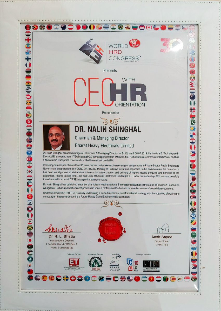 BHEL_India's tweet photo. Dr. Nalin Shinghal, CMD, #BHEL, has been conferred with the ‘CEO with HR Orientation’ award by the World HRD Congress.
#award #ceo #bhelemployees #hrd #worldhrdcongress @MHI_GoI @hipepib
Read here:
https://t.co/3nAI38WlHO https://t.co/tBVZoJN3oV