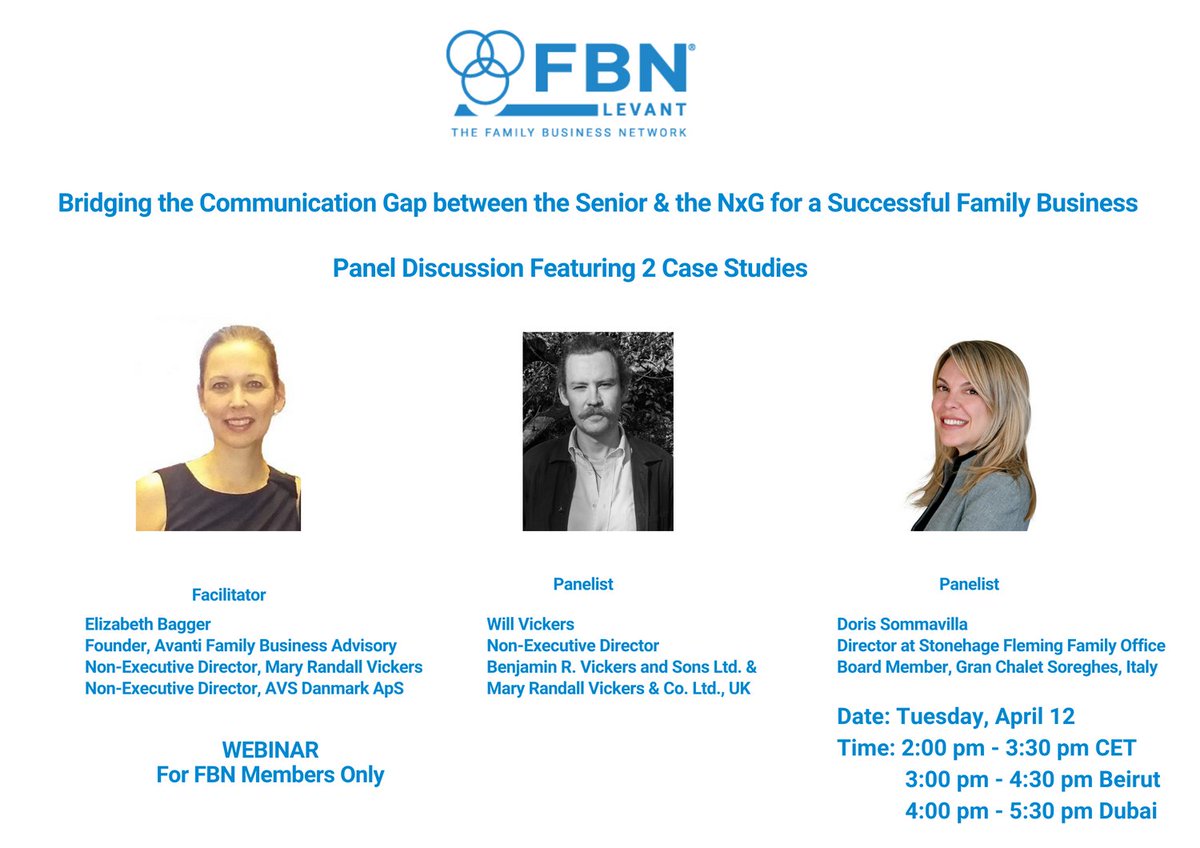 FBN Levant is hosting a webinar for FBN members only on ‘Bridging the Communication Gap between the Senior &amp; the NxG for a Successful Family Business’, a Panel Discussion Featuring 2 Case Studies facilitated by <a href="/elizabethbagger/">Elizabeth Bagger</a>  #FBN #familybusiness #sengen #Nxg_on_fire