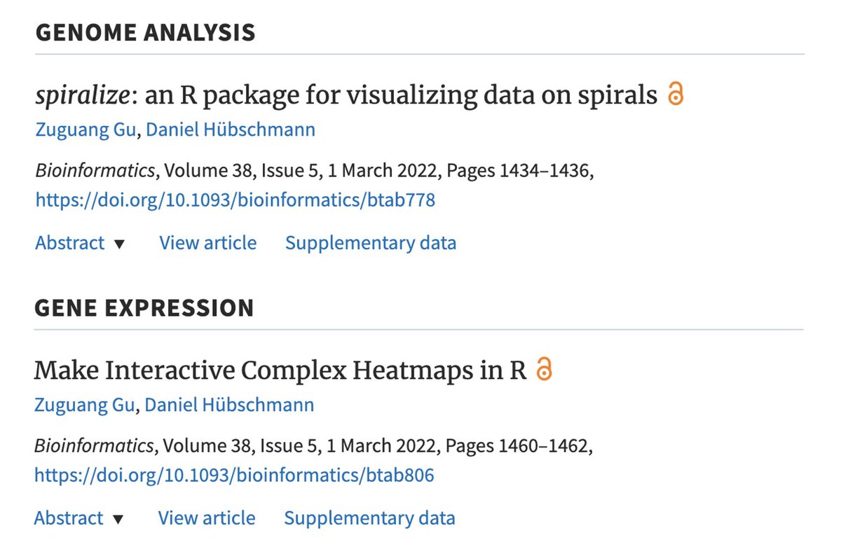 Just found the spiralize paper and the InteractiveComplexHeatmap paper were published on the same issue of Bioinformatics.