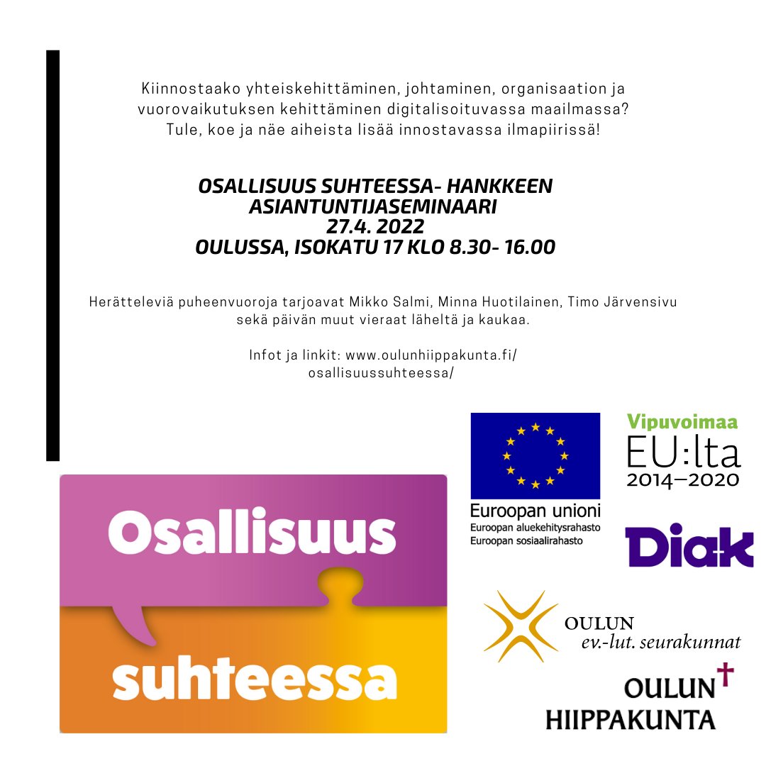 Osallisuus suhteessa- hankkeen asiantuntijaseminaari Oulussa 27.4. Johtamisen ja vuorovaikutuksen lähteillä <a href="/msalmi/">Mikko Salmi</a> @TimoJarvensivu <a href="/minnahuoti/">Minna Huotilainen</a> ja monet muut. Ilmoittaudu ja tule sinäkin!
oulunhiippakunta.fi/osallisuussuht…
<a href="/ELYkeskus/">ELY-keskus</a> <a href="/POPELYkeskus/">PohjoisPohjanmaanELY</a> <a href="/kirkko_oulussa/">Kirkko Oulussa</a>