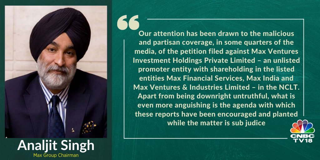 CNBCTV18Live's tweet photo. Analjit Singh, Max Group Chairman Says
▶️Rpts w.r.t NCLT petition details for unlisted promoter co Max Ventures Invst, are wrong
▶️Allegations are mired in incorrect facts &amp; misrepresentation
▶️We will contest these allegations in the NCLT hearing https://t.co/KRQdG0AbM9
