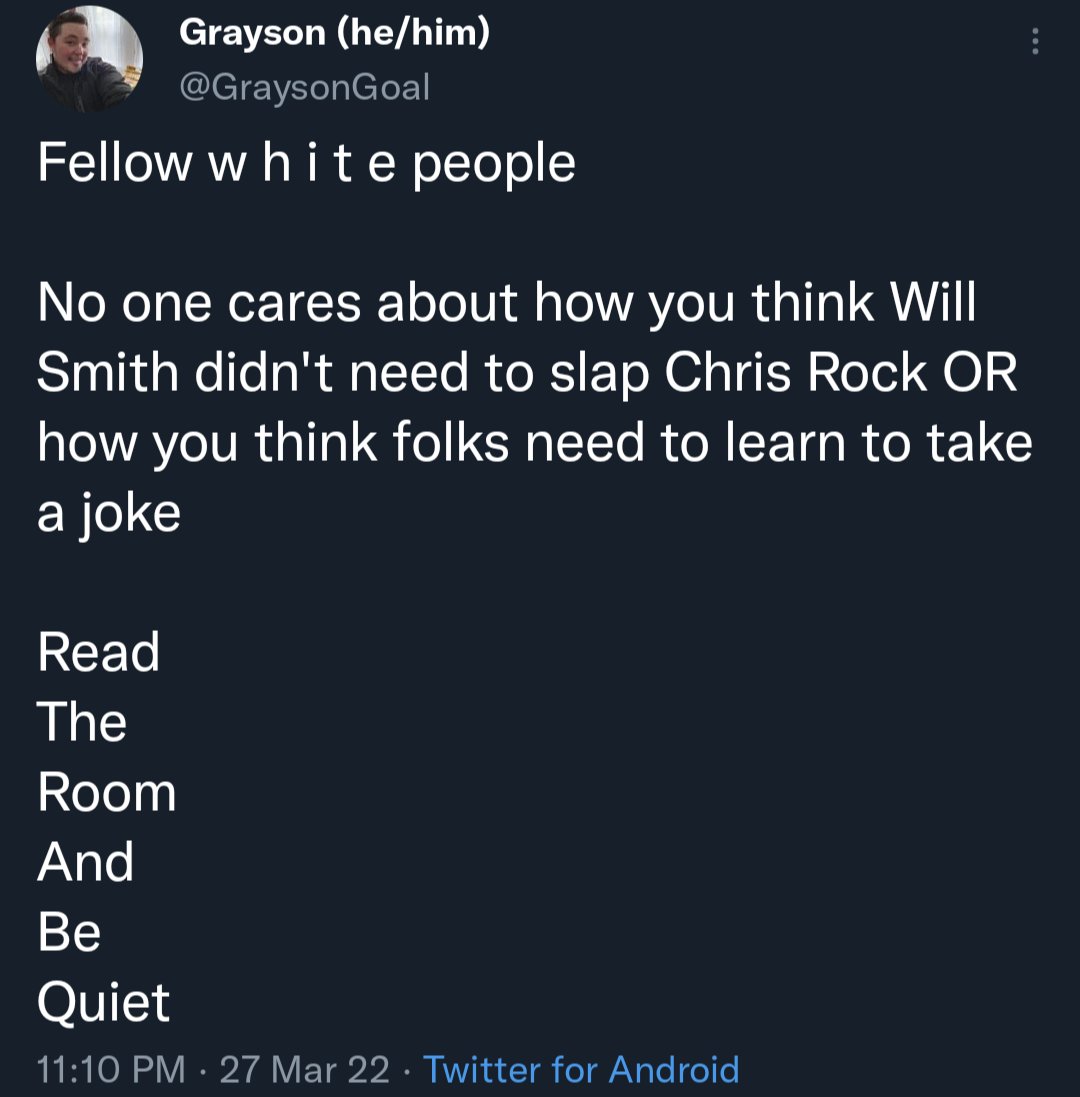 BadJointTakes's tweet photo. As bad as the takes we've seen are seen are, you shouldn't slap people over a joke and, no, its not a race thing.

The fact a following Oscar speaker unironically defended that activity is not something to be proud of. https://t.co/javzSPEZcs