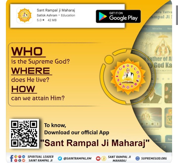 Rohitku78347669's tweet photo. #SantRampalJiMaharaj_App
To know complete detail of Supreme God  Download from Playstore the above app which is based on the spiritual teachings of Sant Rampal Ji Mahraj. https://t.co/Ewd2XV73gu