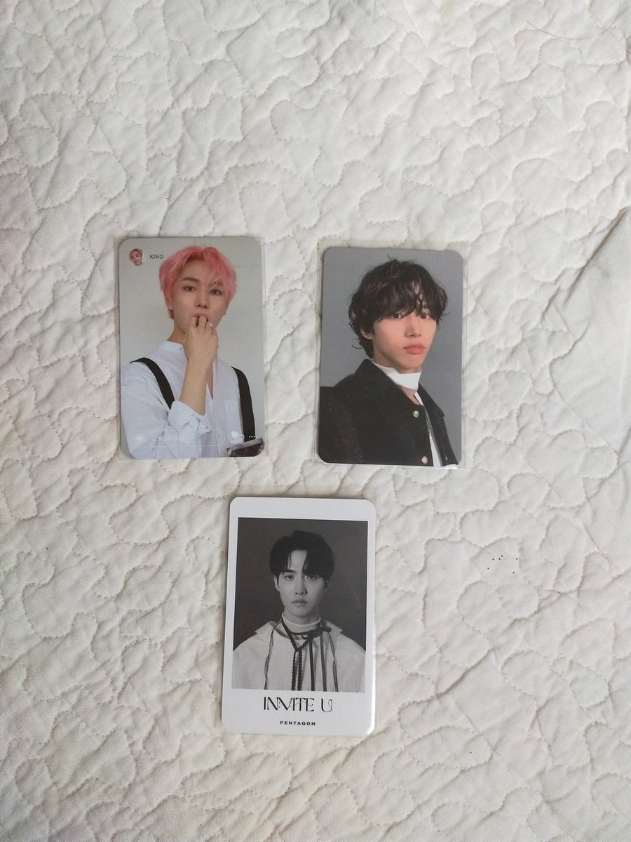 WTS / LFB
PENTAGON PHOTOCARDS

Anyone willing to trade? 

-Kino PC (LOT romantic ver)
-Hongseok selca PC (IN:VITE U Nouveau ver)
-Changgu non-selca PC (IN:VITE U Flare ver)

Want:
Yuto/Wooseok/Shinwon/Yanan PCs from the same era of the PCs below ☺️

180 each if buying (sco)