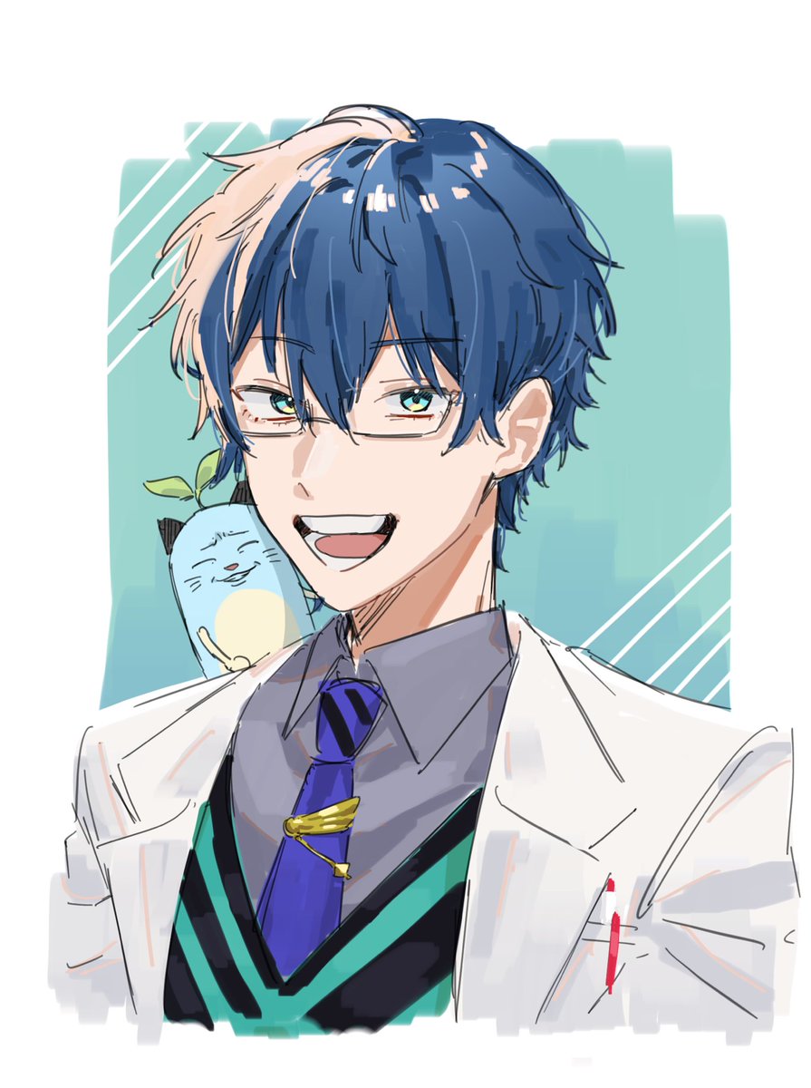 1boy male focus blue hair necktie glasses shirt smile  illustration images