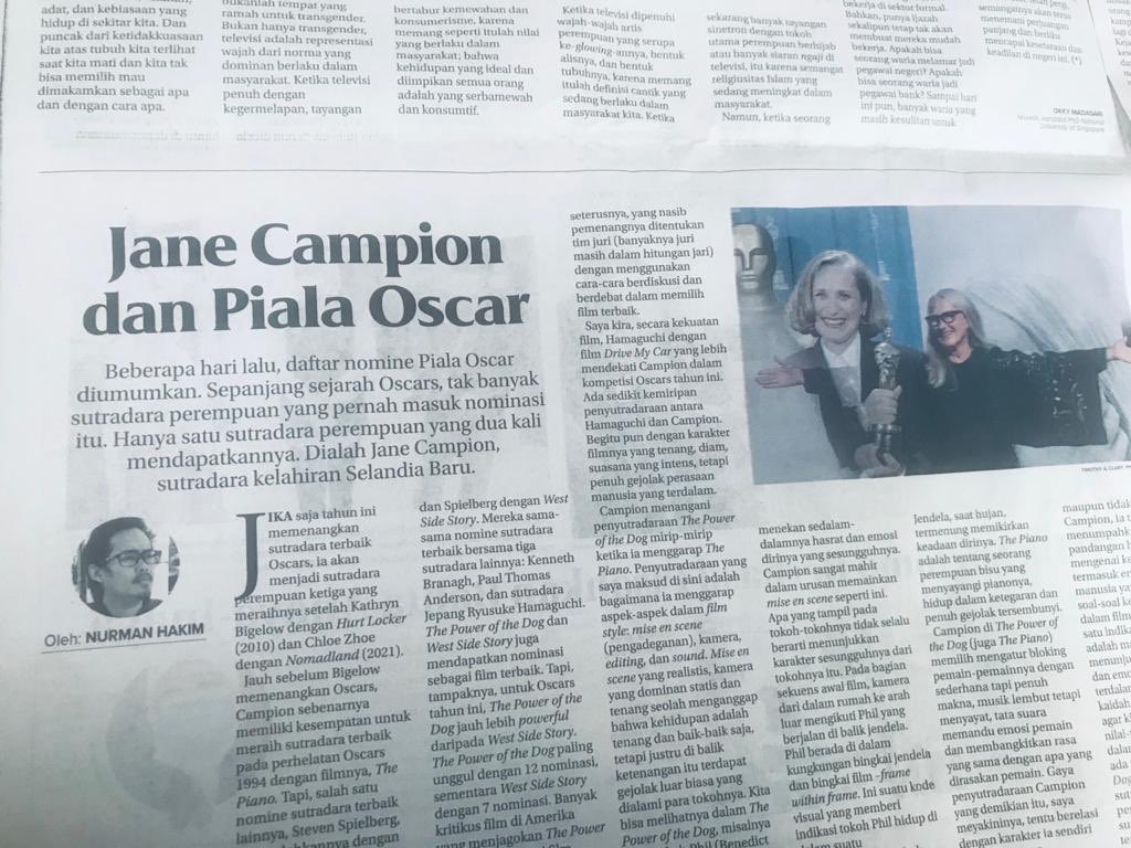 hakimcinema's tweet photo. Wooha! Jane Campion finally Got an Oscar! Best Director! Berikut analisa saya di koran Jawa Pos beberapa minggu lalu mengenai prediksi kemenangan Jane Campion di Oscars. Ternyata lebih jitu analisis film dari pada ramalan dukun 🤣 https://t.co/ri9wM3Drxp