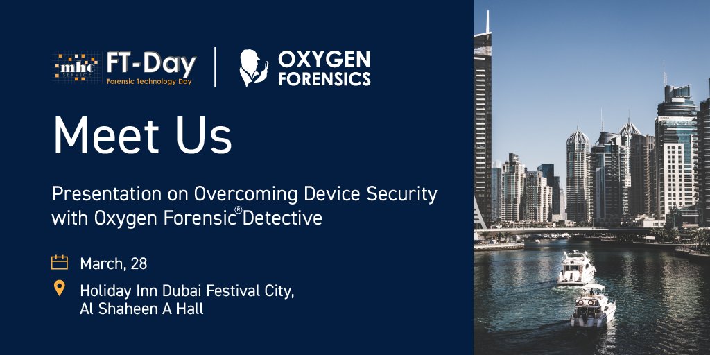 oxygenforensic's tweet photo. Today join us at FT-Day (Forensic Technology Day) for our presentation on Overcoming device security with Oxygen Forensic® Detective from 10:30am-12:00pm in the “Al Shaheen A” hall.
See you there! #Saferworld #DFIR #FTDay https://t.co/cUUMgMKVQe