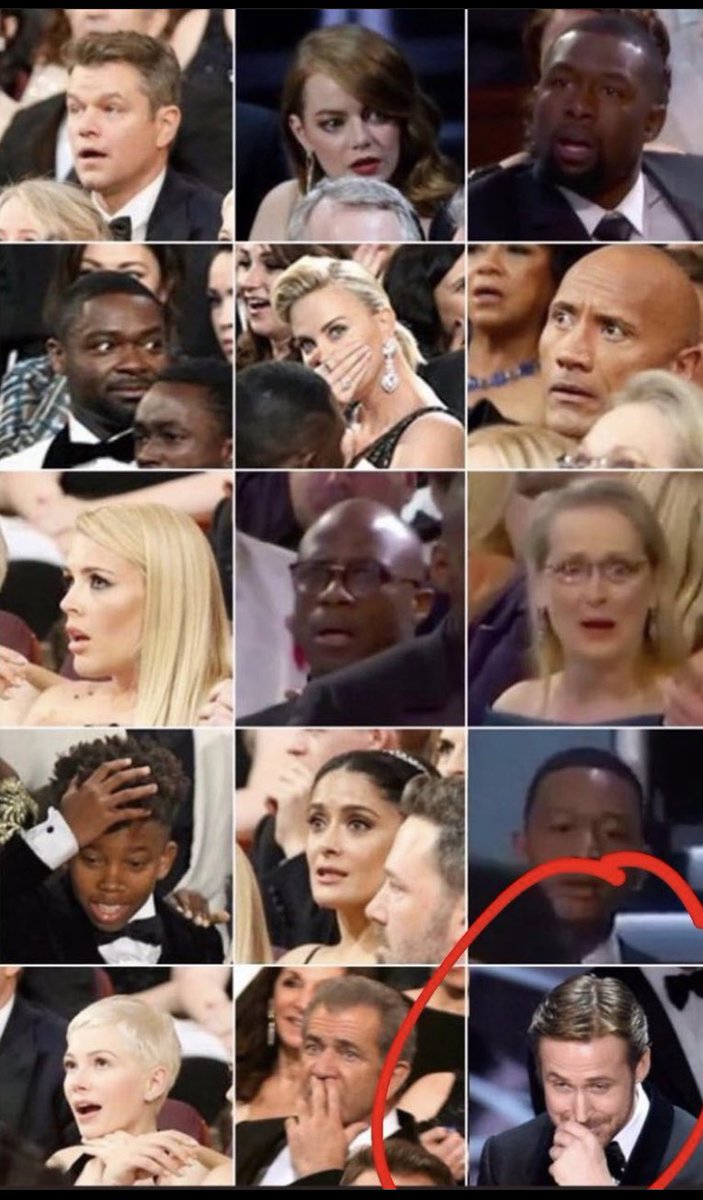 Slapdad's tweet image. This matrix of reactions to Will Smith slapping Chris Rock at the #Oscars2022 by people in the crowd is hilarious.