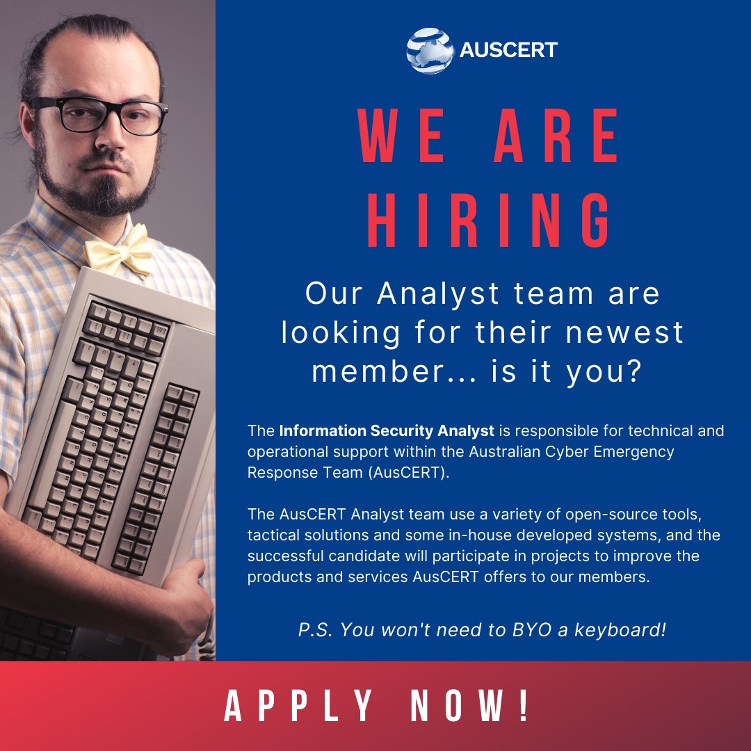 If you're someone that's seeking a rewarding, challenging and fun role, then we'd love to meet you! 

We're looking for an Information Security Analyst that will bring value to our team and challenge the norm and of course, enjoy what they do! 

👨🏾‍💻👩‍💻  seek.com.au/job/56422698 👨‍💻👩🏾‍💻